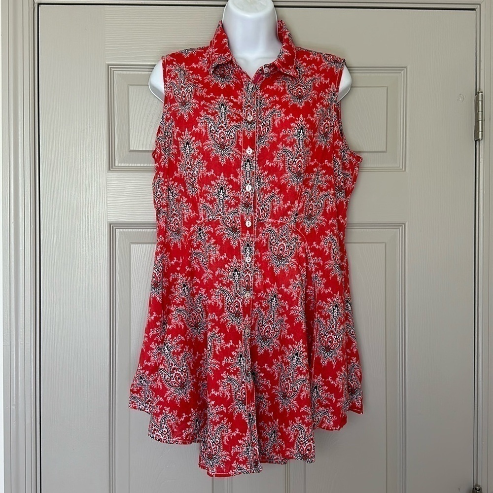 Cino Crinkle Cotton Peplum Tunic Tank Top Red Paisley Button Down Sleeveless M